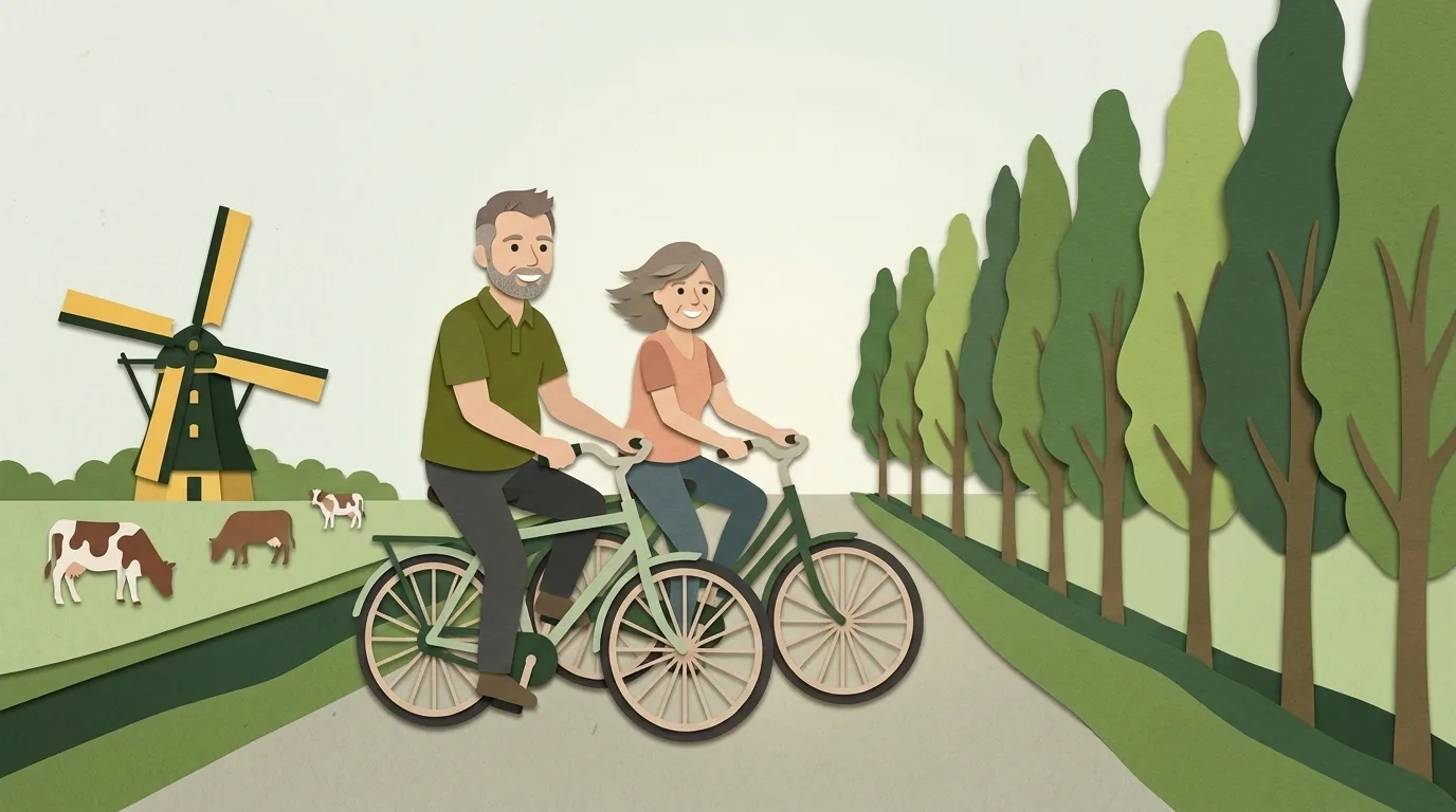 Marco en Ineke fietsen lachend naast elkaar over een dijk, met een molen, koeien en een rij populieren