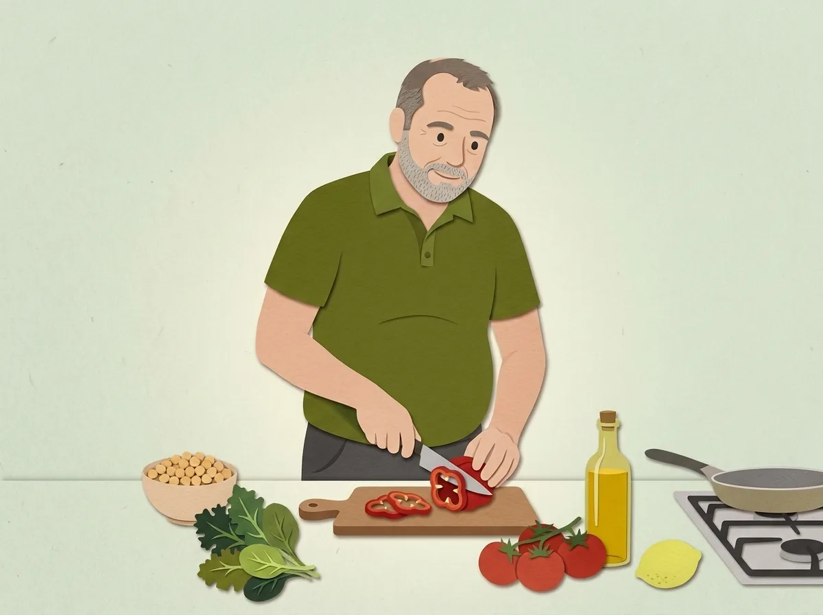Marco snijdt een rode paprika op een houten plank. Op het aanrecht staan kikkererwten, spinazie, tomaten, olijfolie en een citroen.