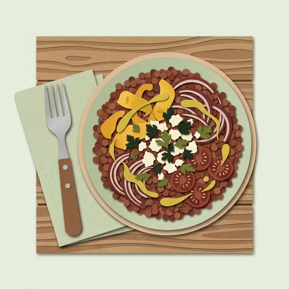 Een schaal warme linzensalade met geroosterde paprika, rode ui, cherrytomaten, verkruimelde feta en peterselie