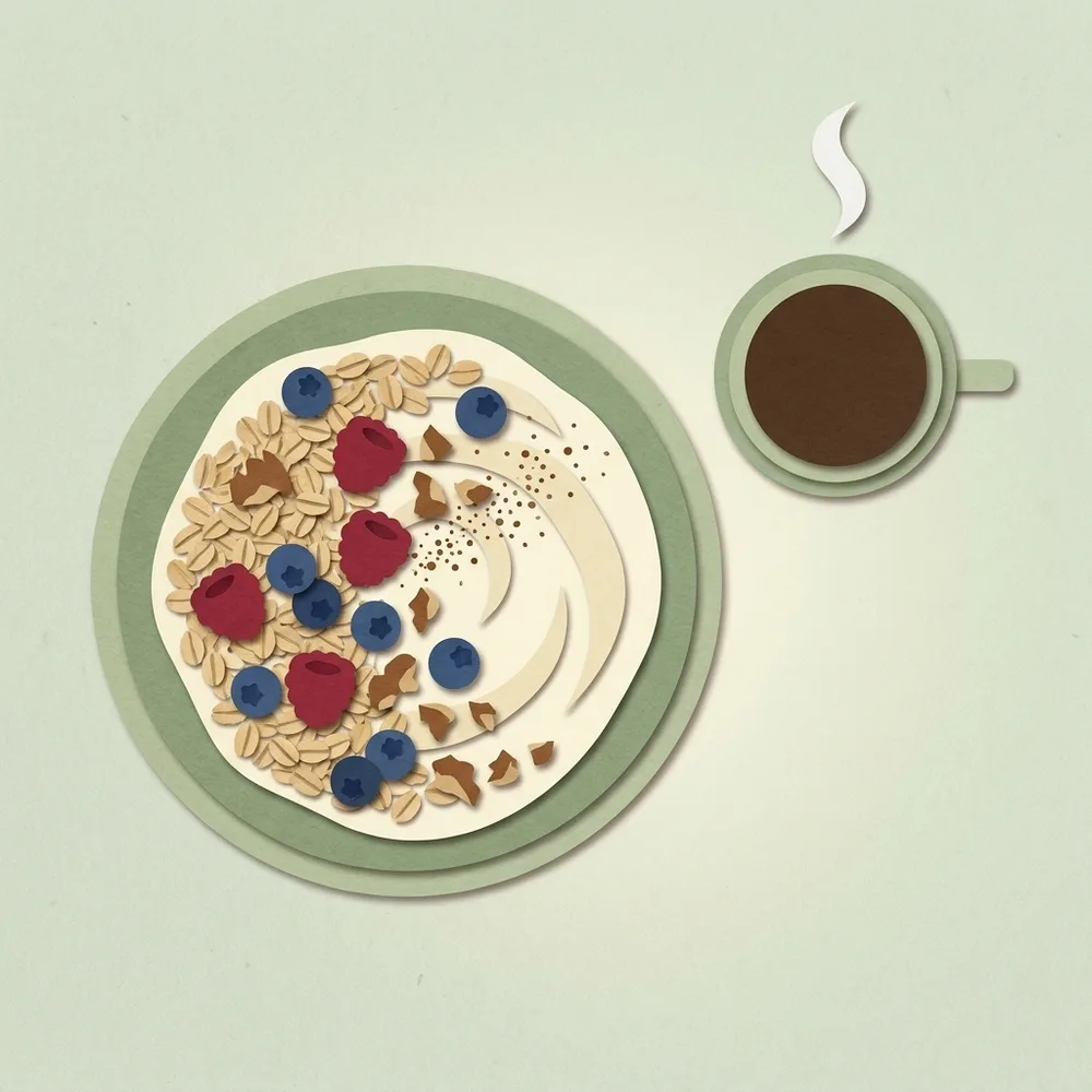 Een kom yoghurt met havermout, blauwe bessen, frambozen, walnoten en kaneel, met een kop zwarte koffie ernaast