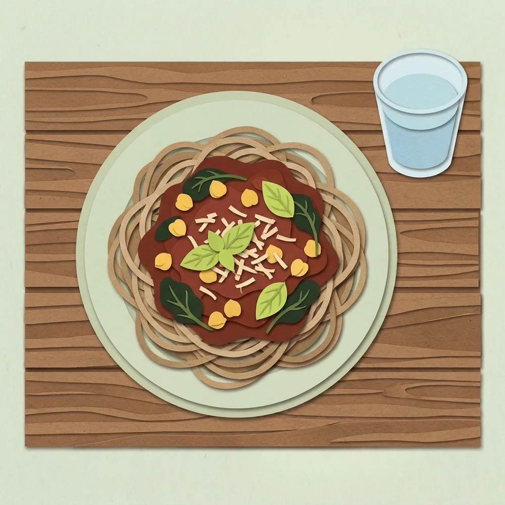 Een bord volkorenpasta met tomatensaus, kikkererwten en geslonken spinazie, met basilicum en geraspte kaas, en een glas water