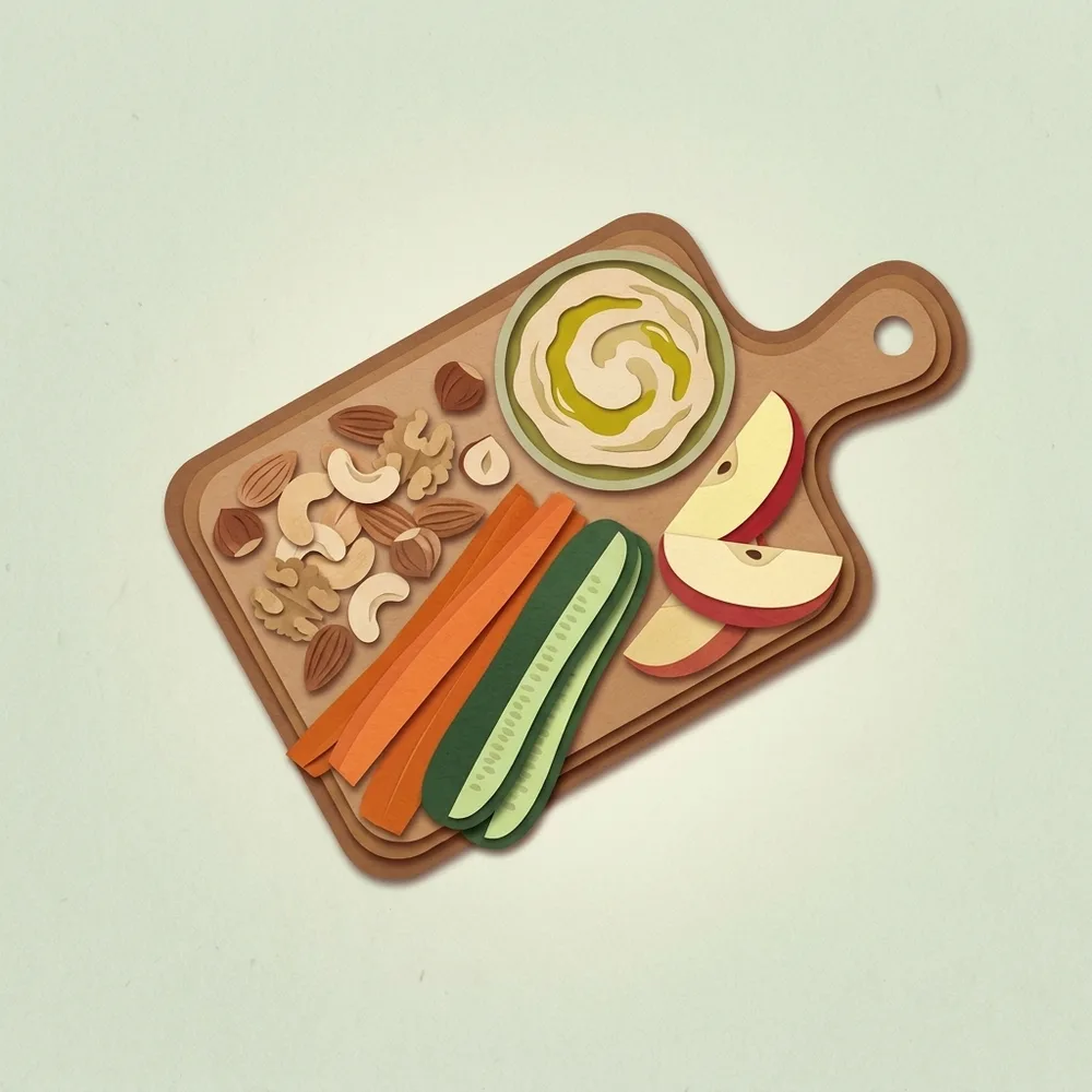 Een snijplank met ongezouten noten, wortel- en komkommersticks, een bakje hummus en een appel in partjes
