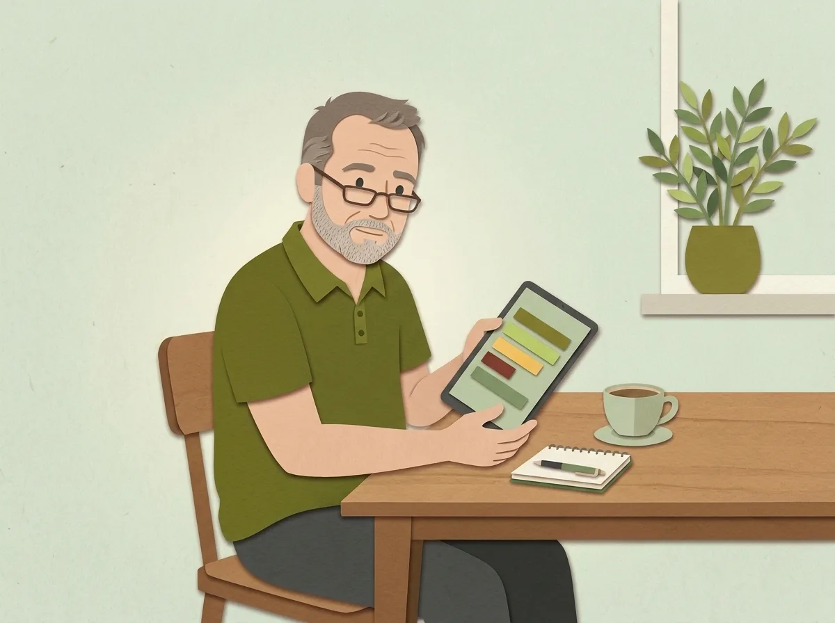 Marco zit aan de keukentafel met een leesbril op en bekijkt zijn bloeduitslag op een tablet, met een kop koffie en een opschrijfboekje